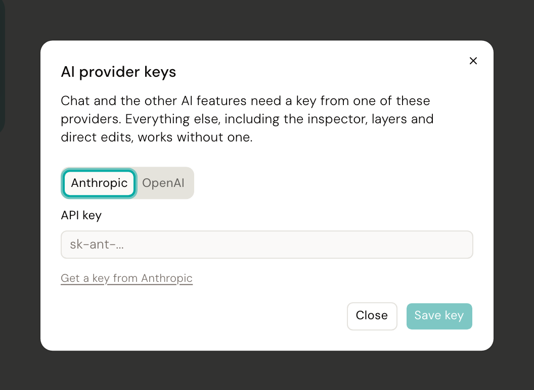 The AI provider keys dialog, with a tab per provider and a field for pasting the key