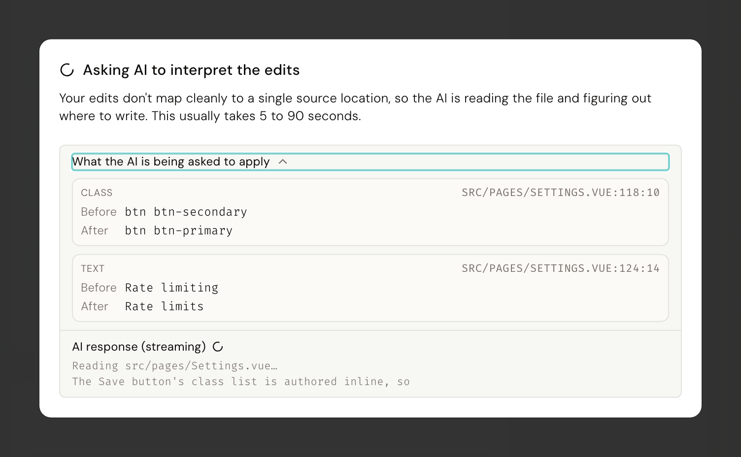 The progress dialog shown while the AI applies a change that could not be made directly