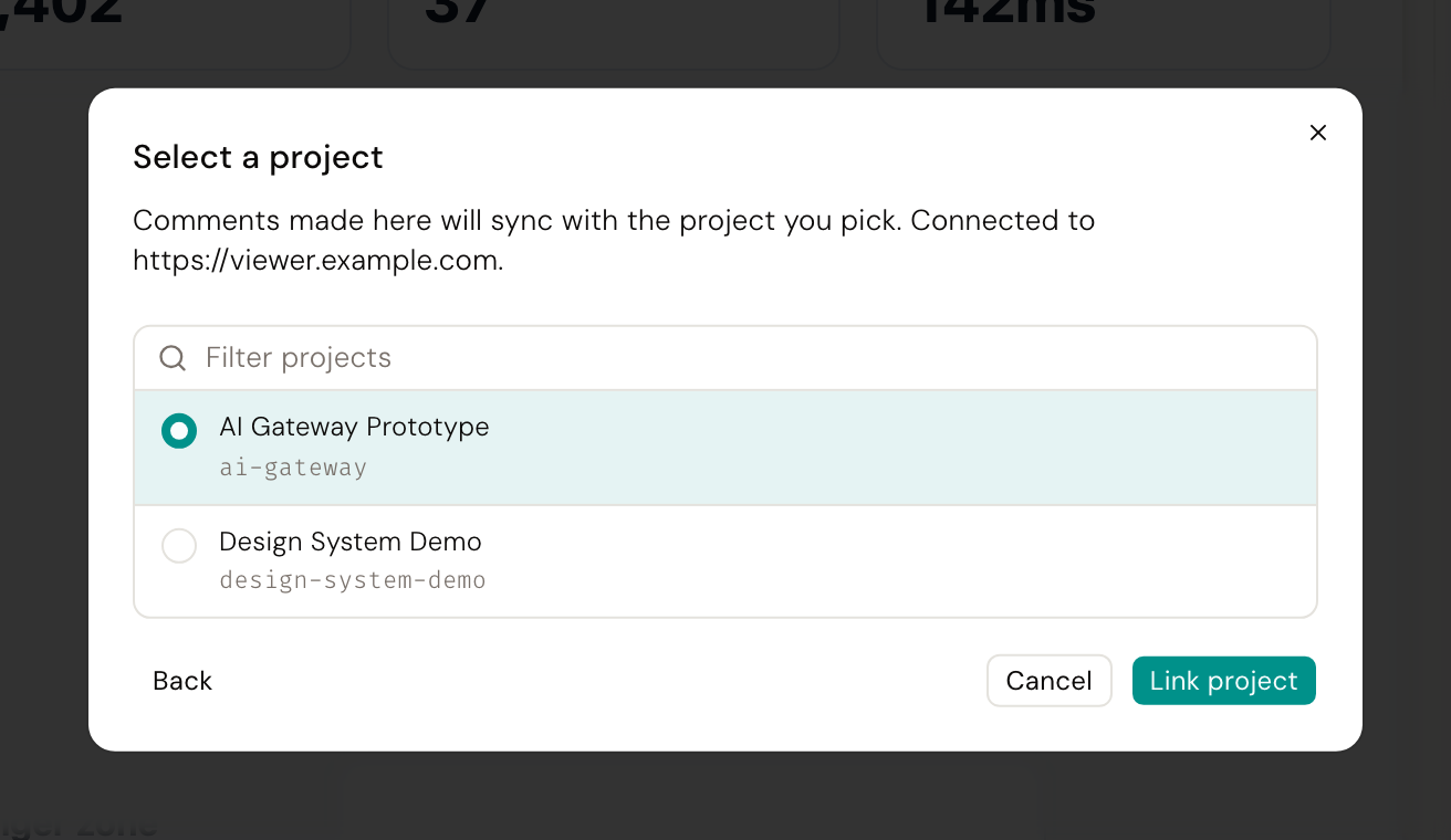 The Connect to Viewer dialog after choosing Connect, listing the projects on the Viewer