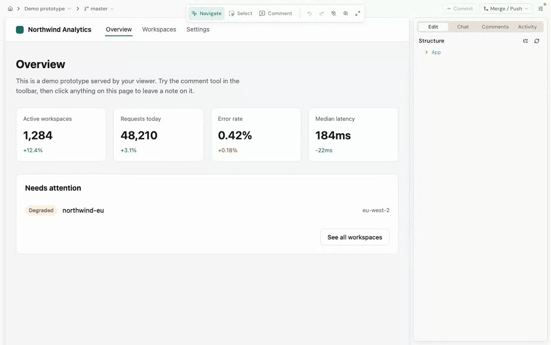 Selecting a heading, retyping it in the Inspector, and watching the prototype update