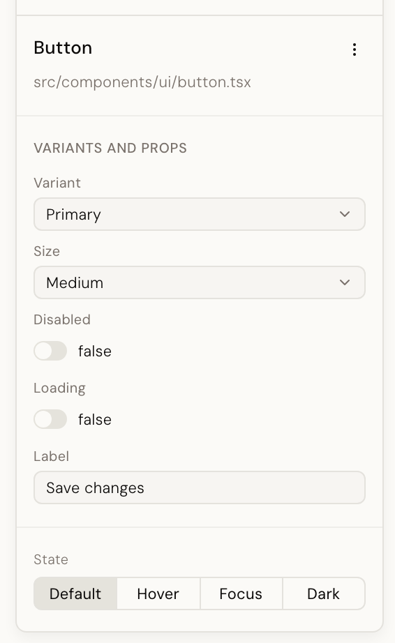 The Inspector beside a selected button, showing its component name, its variants and props, and its style sections