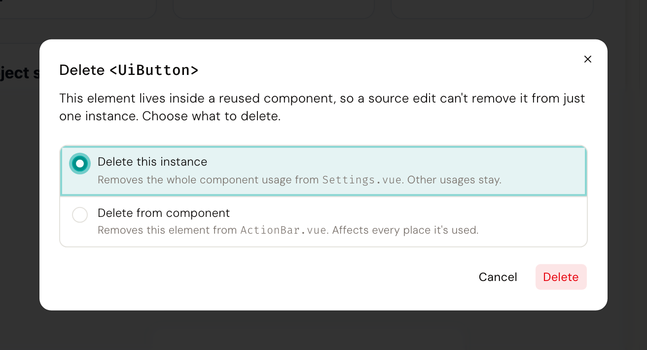 The dialog offering to delete this instance of a reused component, or to delete the element from the component itself