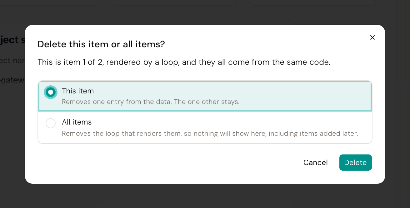 The dialog asking whether to delete this item or all items, naming which item you picked and how many there are