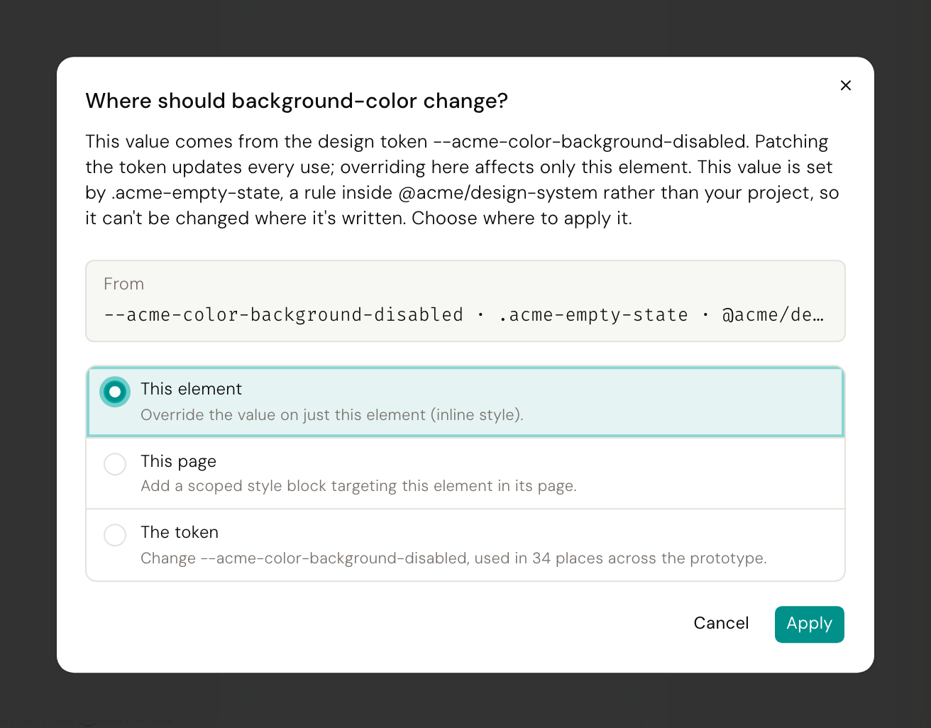 The dialog showing where a color comes from and offering to change this element, this page, or the token
