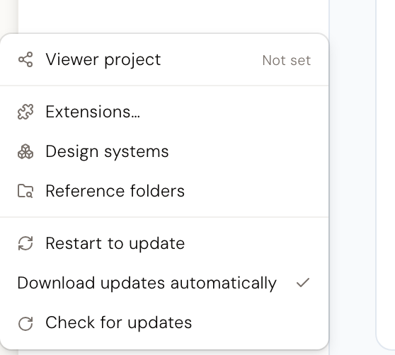 The settings menu with an update downloaded: Restart to update, the automatic download toggle, and Check for updates