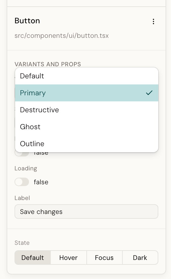 The Variants and props section with a dropdown open, listing the component's real variant options