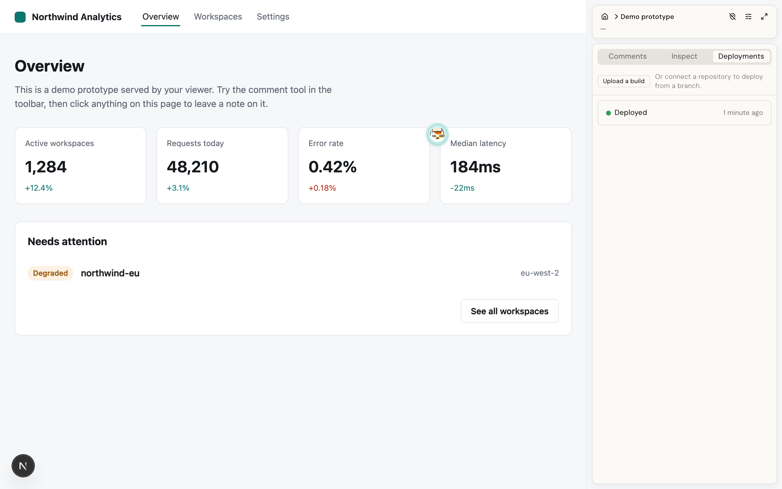 The Deployments panel after a successful build, with the Deploy button and the log