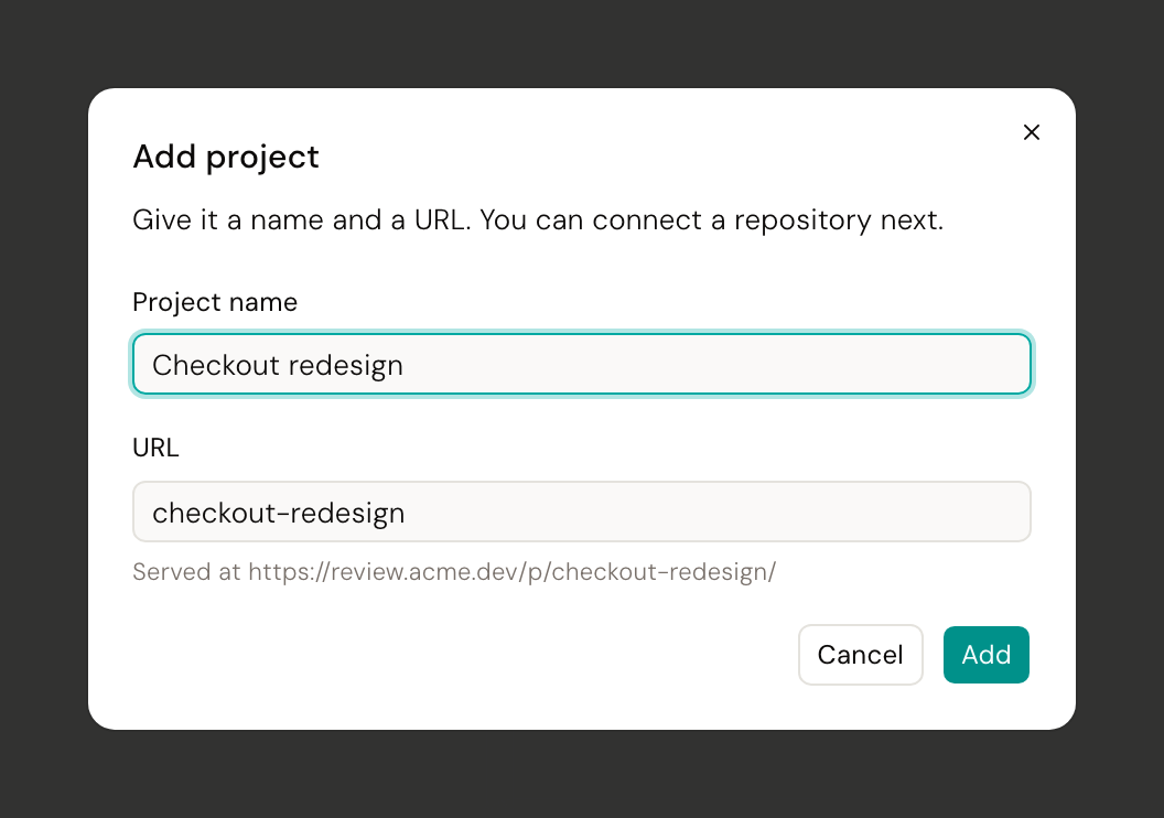 The Add project dialog with a name typed in and the URL slug derived from it