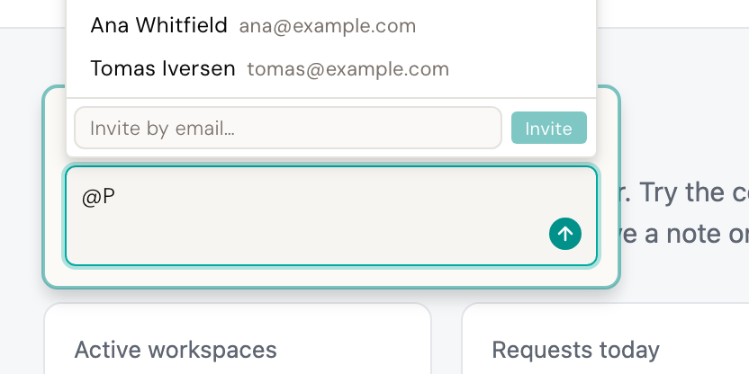 Typing @ in a new comment opens the mention picker. With nobody to match yet, it offers Invite by email