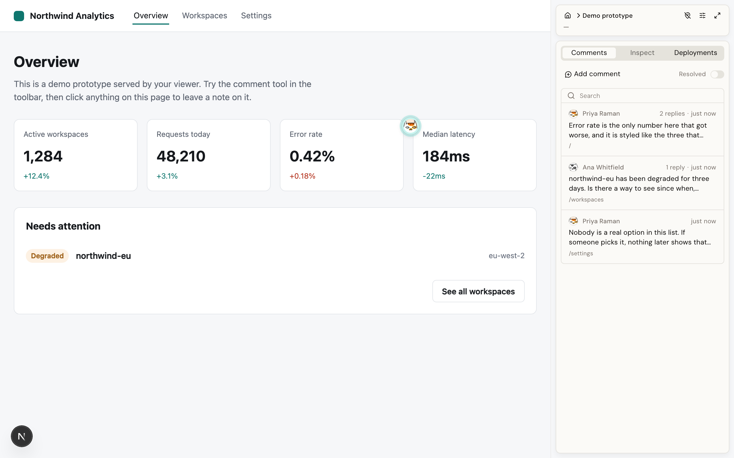 The Viewer's review page: the prototype filling the window, with the comment rail on the right