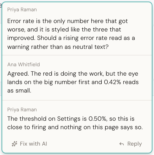 A comment thread: three messages about the error-rate metric