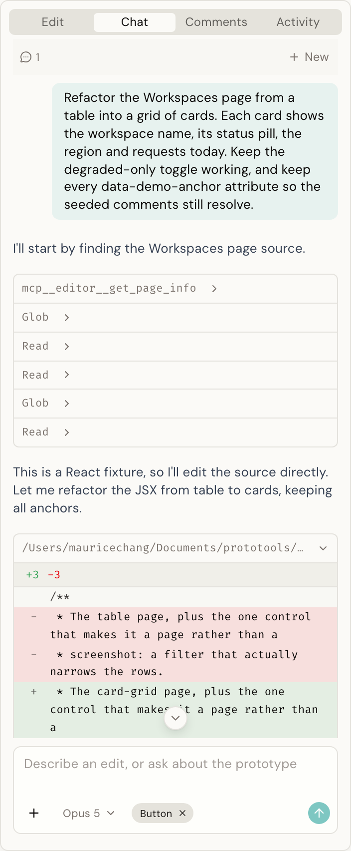 The answer beginning: the files read, then the first edit