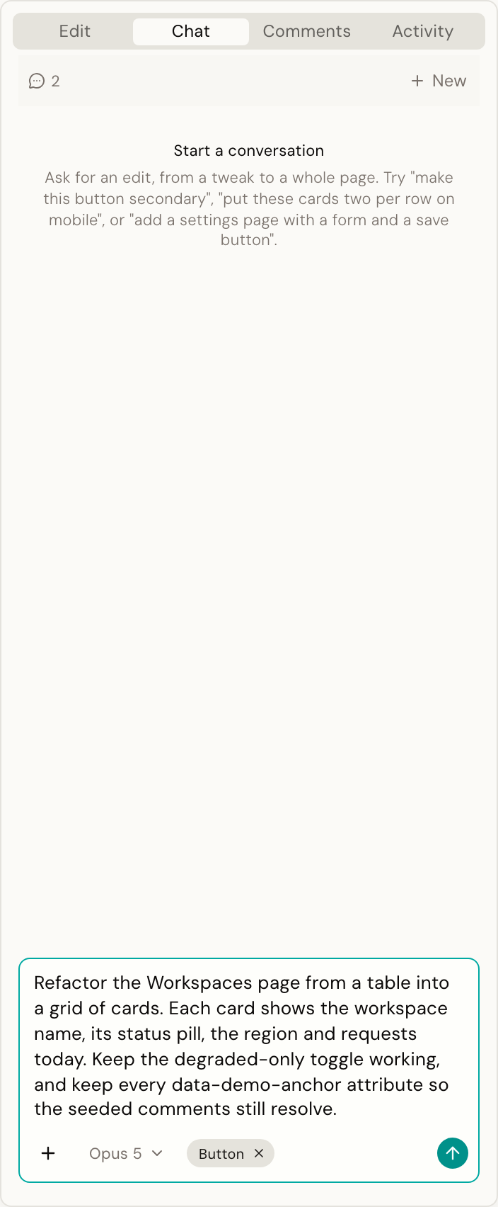 A request typed: refactor the Workspaces page into cards