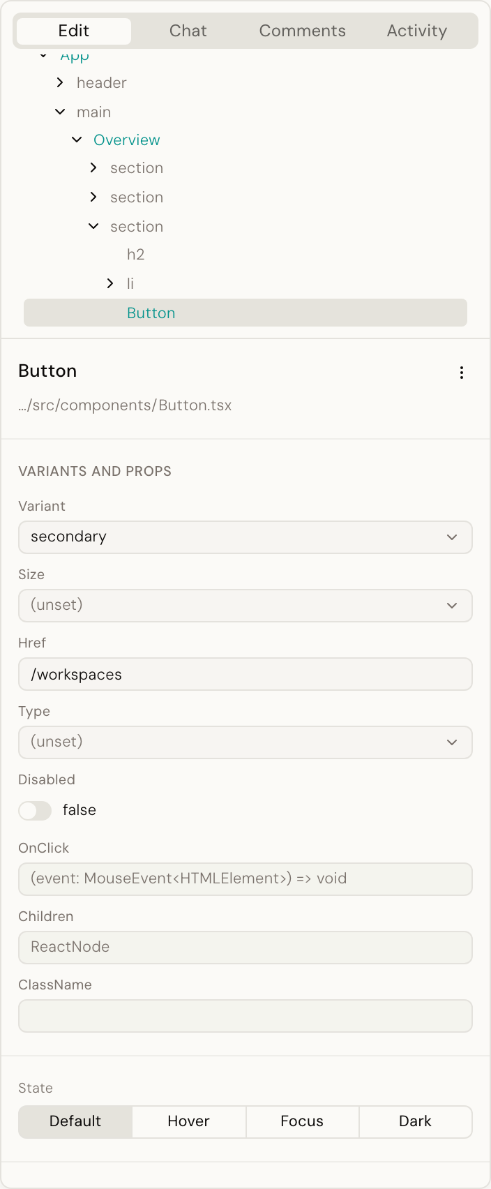 The panel with the button selected: its structure, variant and styles